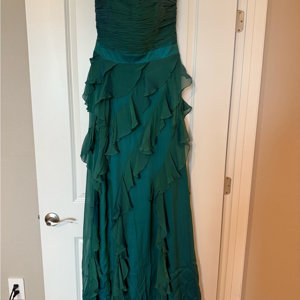 Badgley Mischka green/teal strapless tiered gown